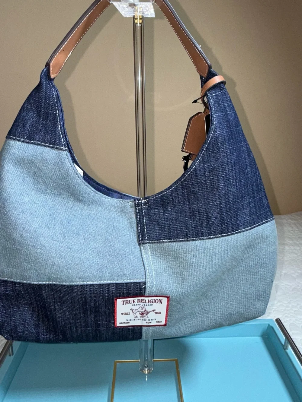 True Religion Two-Tone Denim Shoulder Bag with Tan Accents - Picture 3 of 7